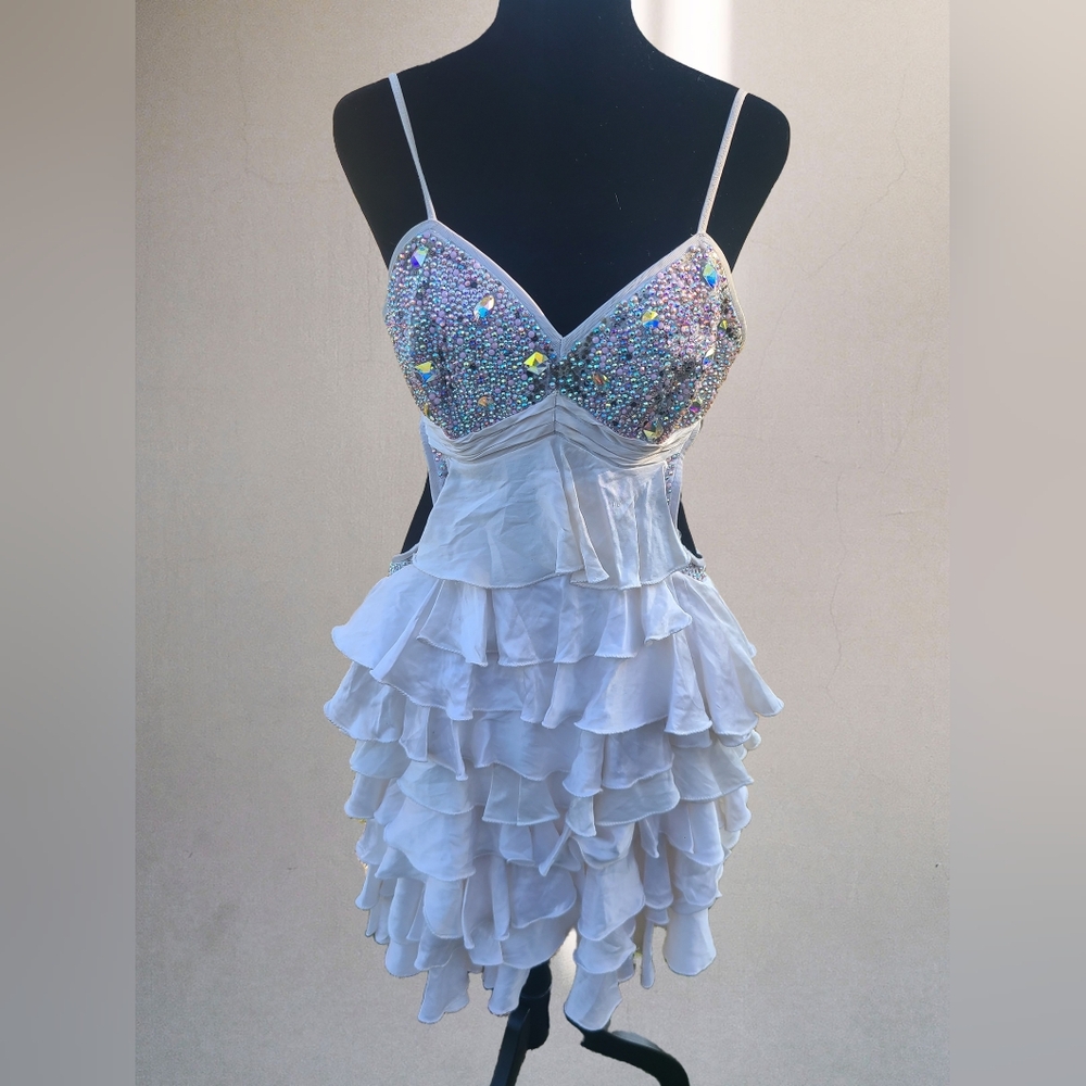 Latin/Rhythm Ballroom Dress White Ruffled Dress with Swarovski Bodice